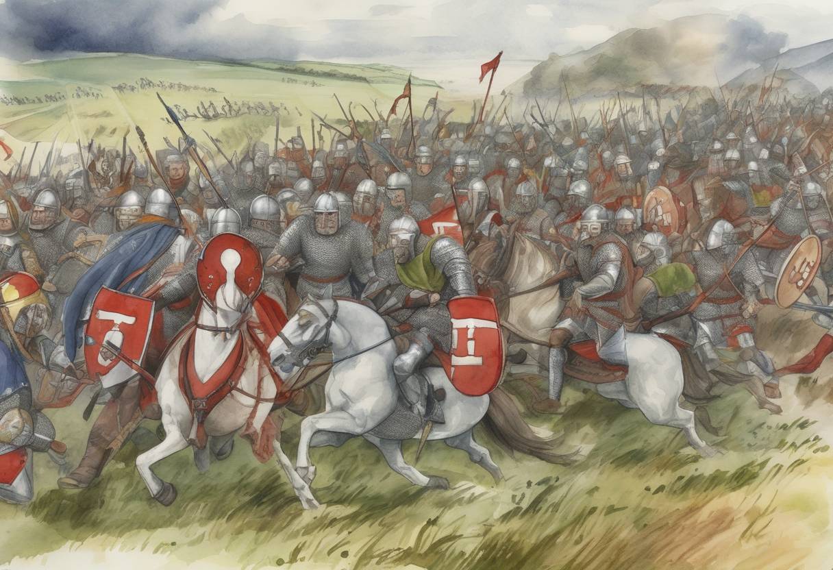 Watercolor painting based depiction of The Battle of Nechtansmere took place, where the Picts, led by King Bridei III, defeated the Northumbrians, led by King Ecgfrith. This battle marked a significant turning point in the power dynamics of the British Isles, as it halted Northumbrian expansion into Pictish territory. (685)