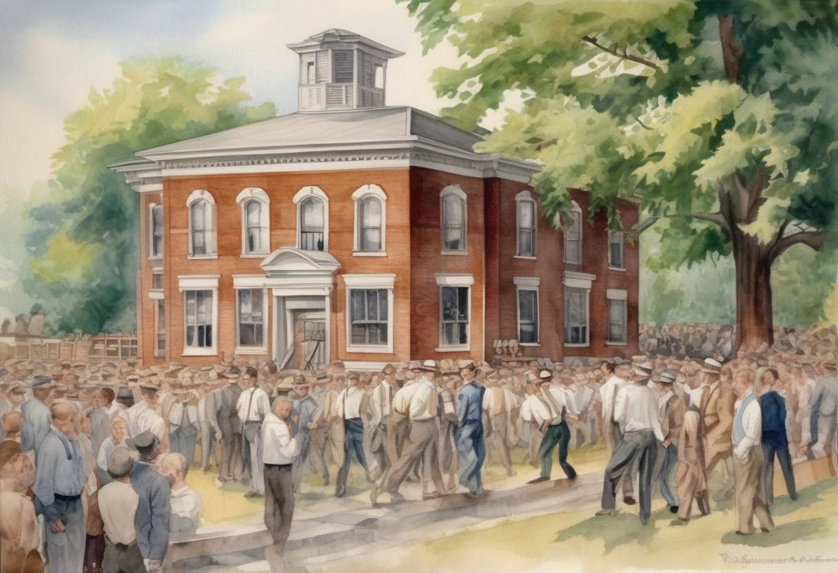Watercolor painting based depiction of The Scopes Trial, also known as the Scopes Monkey Trial, concluded in Dayton, Tennessee. John T. Scopes was found guilty of teaching evolution in violation of Tennessee's Butler Act. (1925)