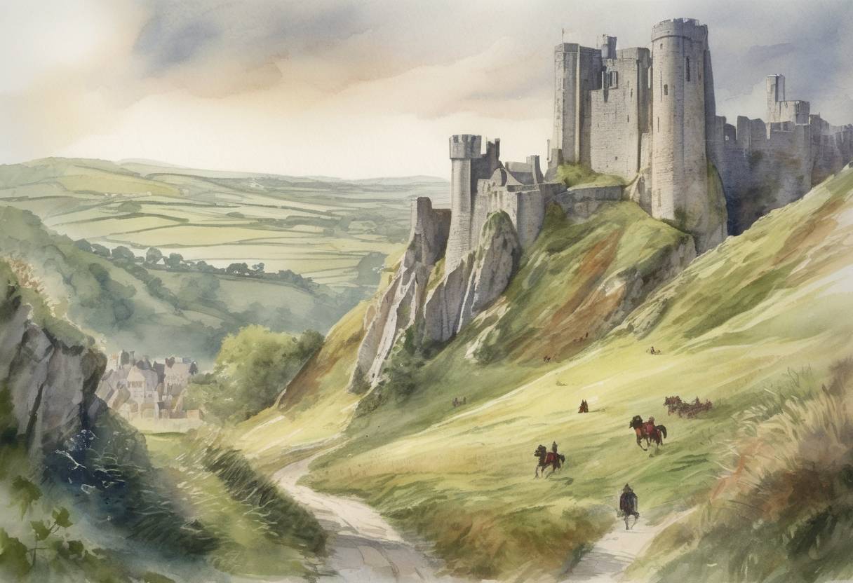 Watercolor painting based depiction of Edward the Martyr, King of England, is murdered at Corfe Castle, leading to the succession of Æthelred the Unready. (978)