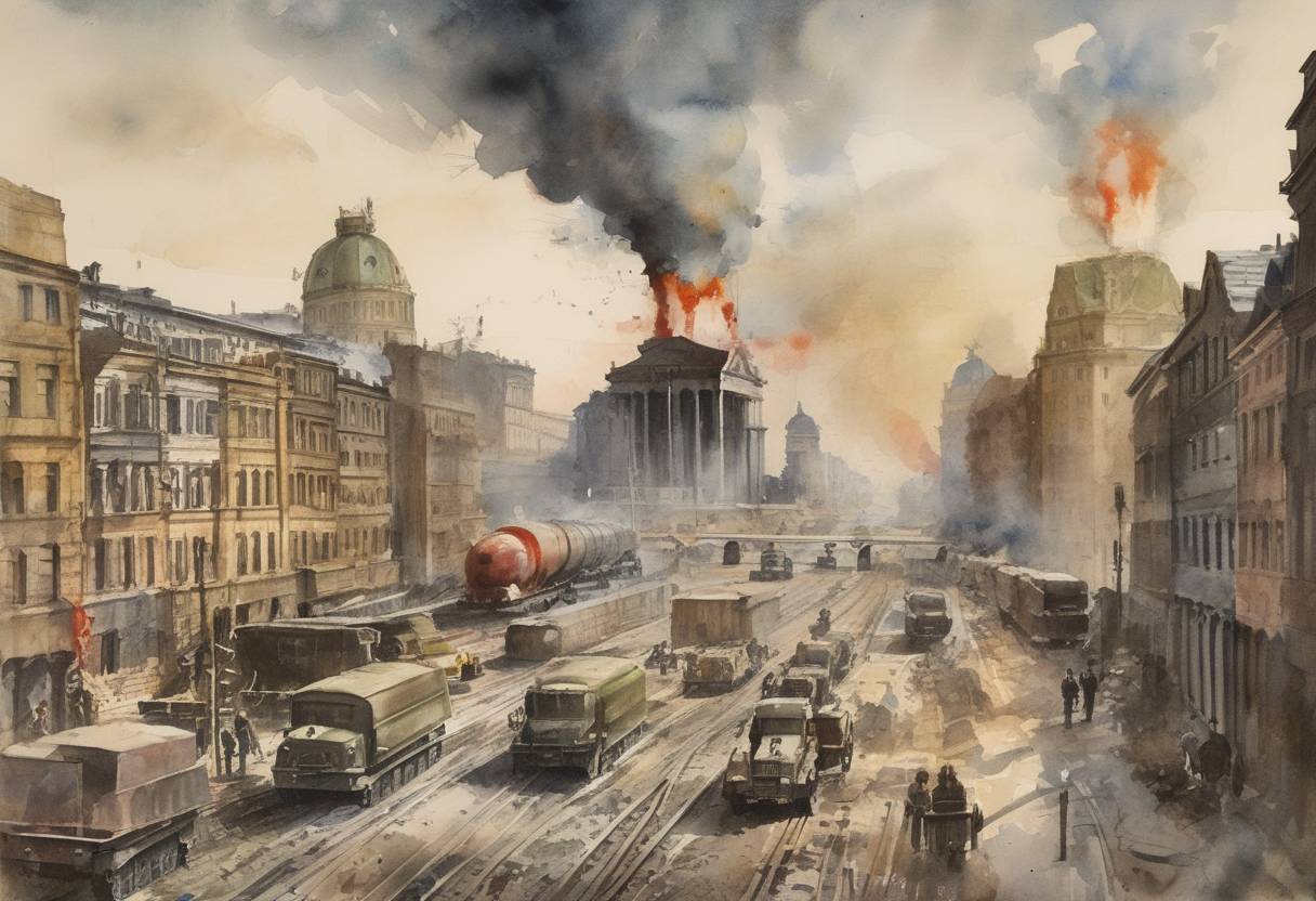 Watercolor painting based depiction of Adolf Hitler issued the Nero Decree, ordering the destruction of German infrastructure to prevent its use by Allied forces. (1945)