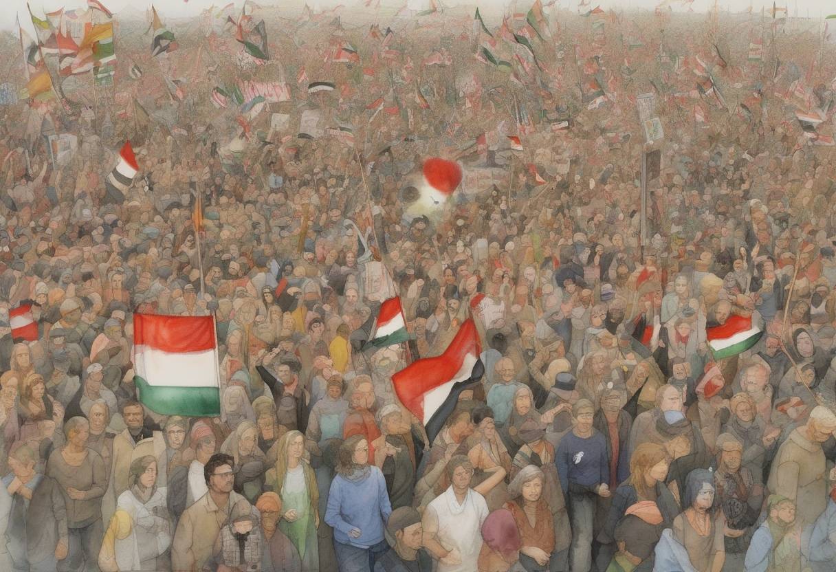 Watercolor painting based depiction of Millions of people around the world participated in protests against the impending invasion of Iraq, making it one of the largest anti-war rallies in history. (2003)
