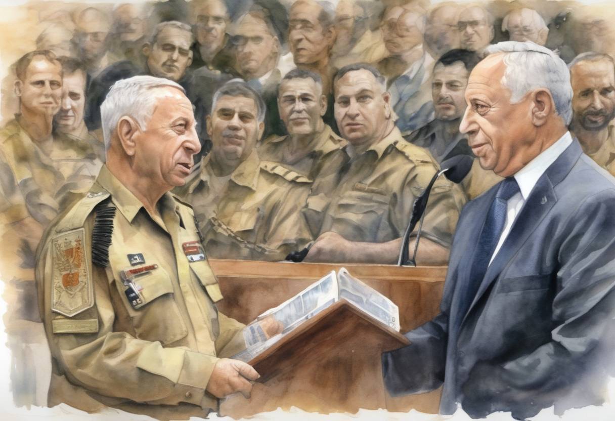 Watercolor painting based depiction of Ariel Sharon was sworn in as the Prime Minister of Israel, succeeding Ehud Barak. Sharon's tenure was marked by significant events such as the Second Intifada and the unilateral disengagement plan from the Gaza Strip. (2001)