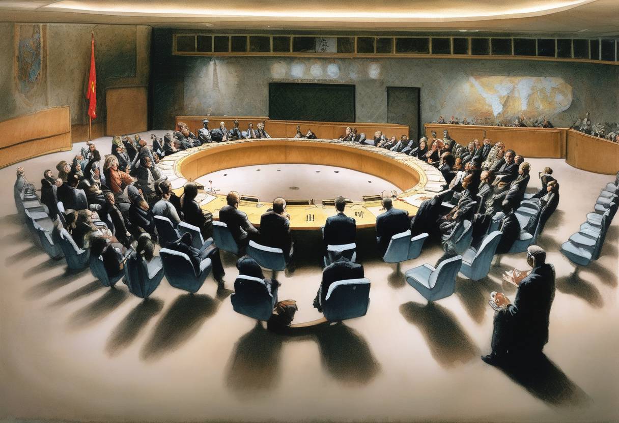 Watercolor painting based depiction of The United Nations Security Council adopted Resolution 1308, addressing the impact of HIV/AIDS on peacekeeping operations. (2000)