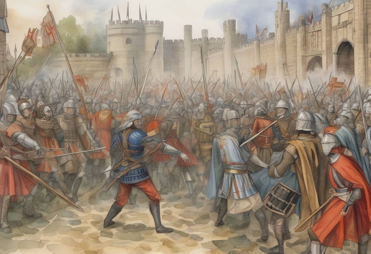 Watercolor painting based depiction of During the Peasants' Revolt in England, Wat Tyler, the leader of the revolt, was killed at Smithfield by officers loyal to King Richard II. (1381)