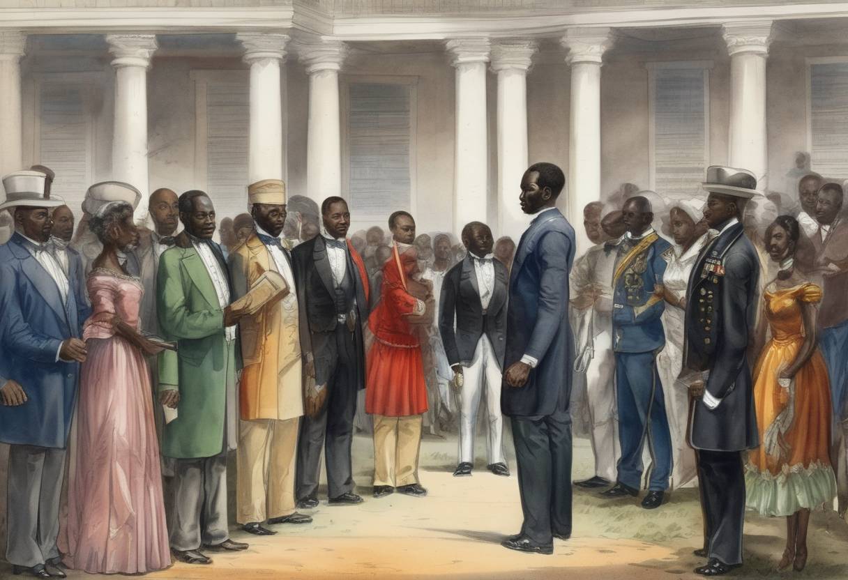 Watercolor painting based depiction of Joseph Jenkins Roberts was sworn in as the first president of Liberia, marking the country's independence. (1848)
