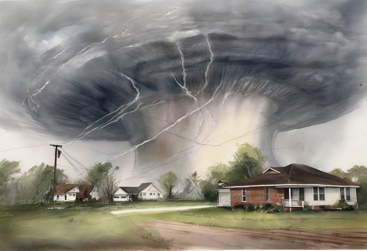 Watercolor painting based depiction of Tornadoes in the southern United States caused widespread damage and resulted in the deaths of 20 people. (2007)