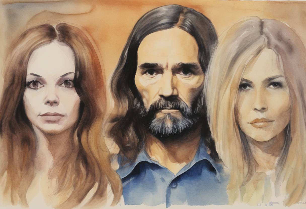 Watercolor painting based depiction of A Los Angeles jury recommends the death penalty for Charles Manson and three female followers for the 1969 Tate-LaBianca murders. (1971)
