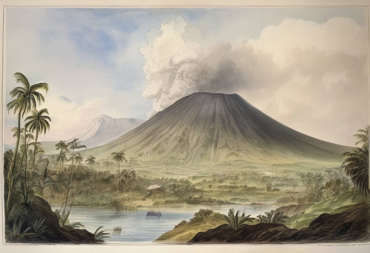 Watercolor painting based depiction of The Mount Tambora volcano in Indonesia began its most powerful eruption, leading to the 'Year Without a Summer' in 1816 due to the volcanic winter it caused. (1815)