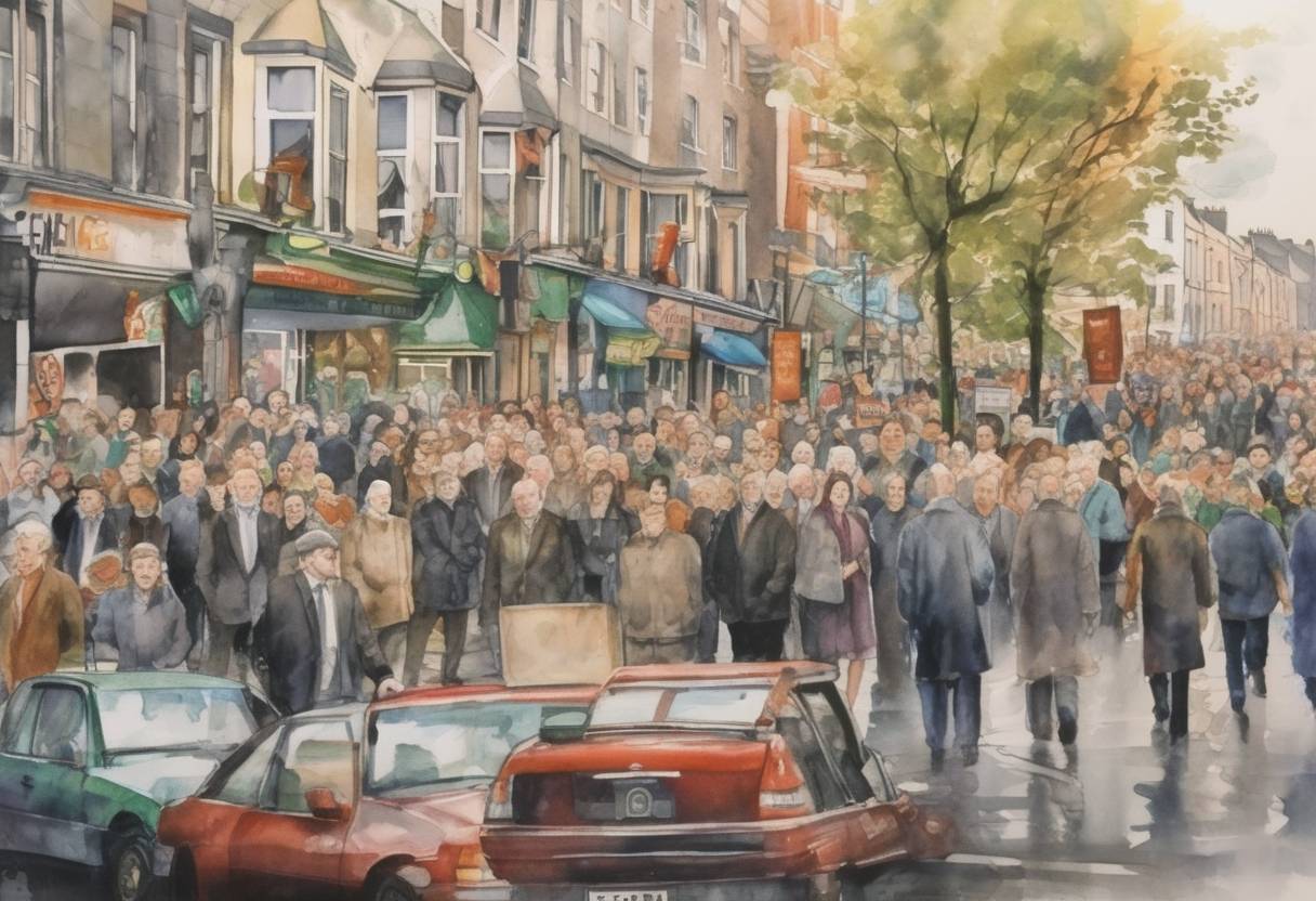Watercolor painting based depiction of The Irish Government announced the end of a 15-year broadcasting ban on the IRA and its political arm Sinn Féin. (1994)