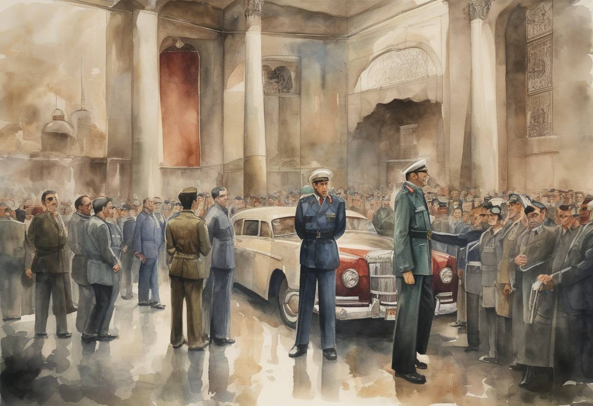 Watercolor painting based depiction of The CIA and British intelligence orchestrate a coup d'état in Iran, overthrowing Prime Minister Mohammad Mosaddegh. (1953)