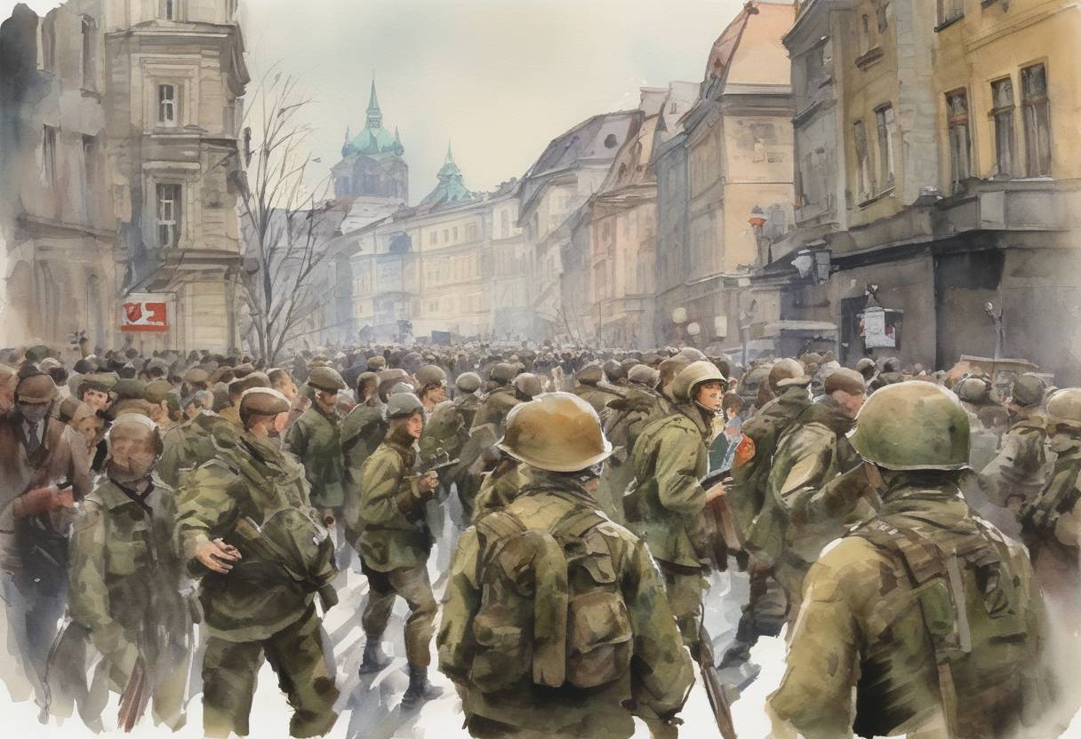 Watercolor painting based depiction of Warsaw Pact troops invade Czechoslovakia to end the Prague Spring. (1968)