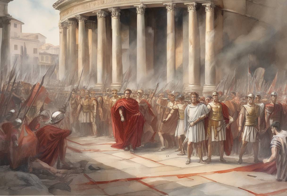 Watercolor painting based depiction of Julius Caesar was assassinated on the Ides of March, which is often mistakenly thought to be March 14, but actually occurred on March 15. However, the events leading up to his assassination, including the conspiracy against him, were in full swing by March 14. (44)