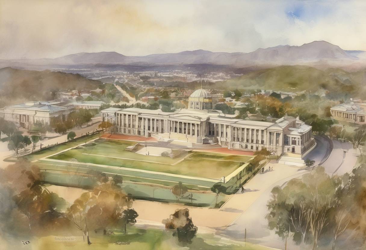 Watercolor painting based depiction of Canberra is officially named as the capital of Australia. (1913)