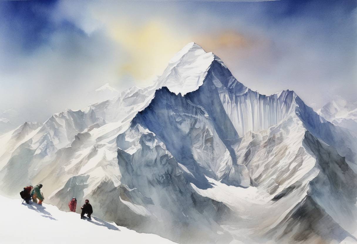 Watercolor painting based depiction of Erik Weihenmayer becomes the first blind person to reach the summit of Mount Everest. (2001)