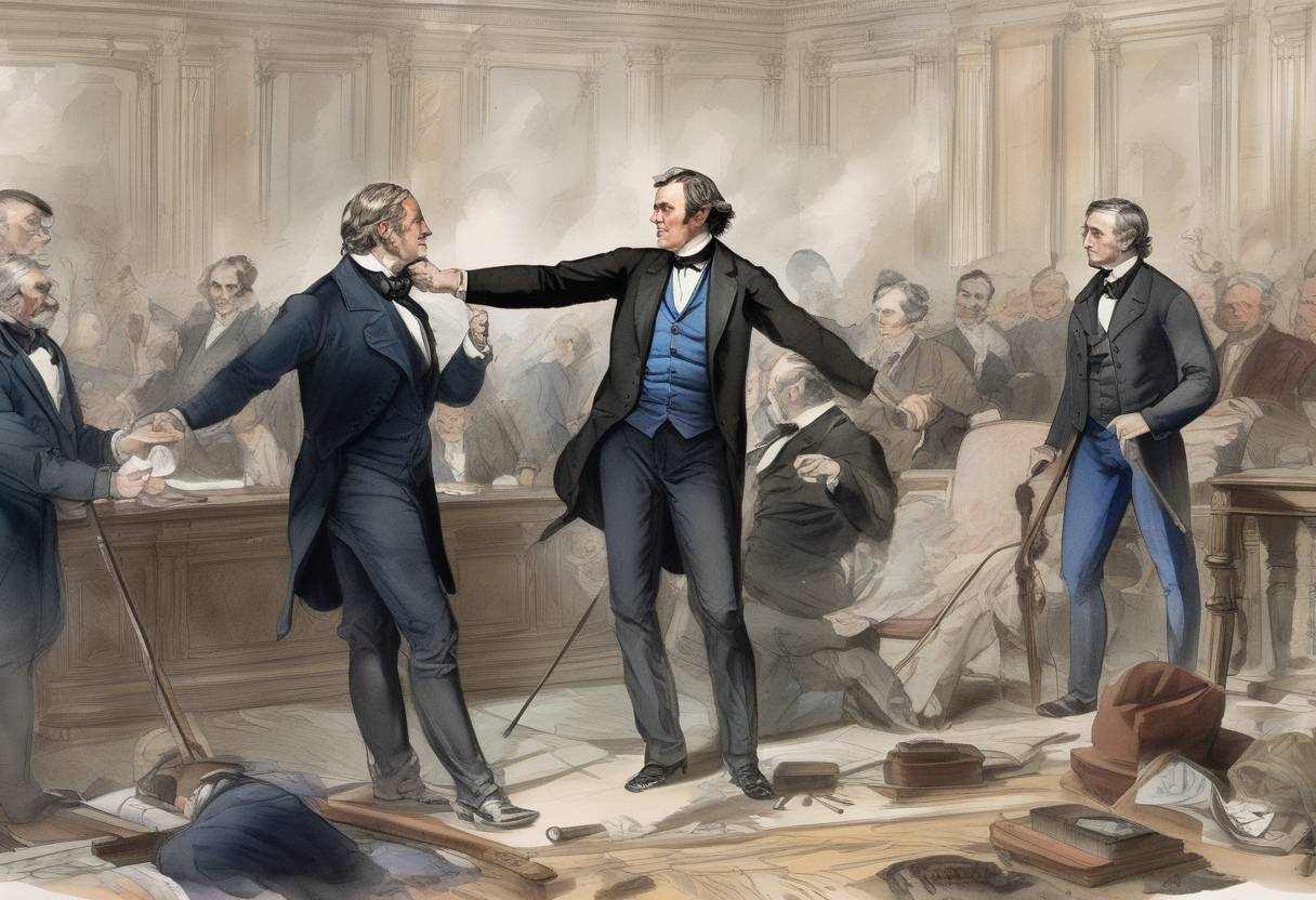 Watercolor painting based depiction of In the United States Senate, Congressman Preston Brooks of South Carolina severely beat Senator Charles Sumner of Massachusetts with a cane in retaliation for a speech Sumner had made attacking Southerners who sympathized with the pro-slavery violence in Kansas. (1856)