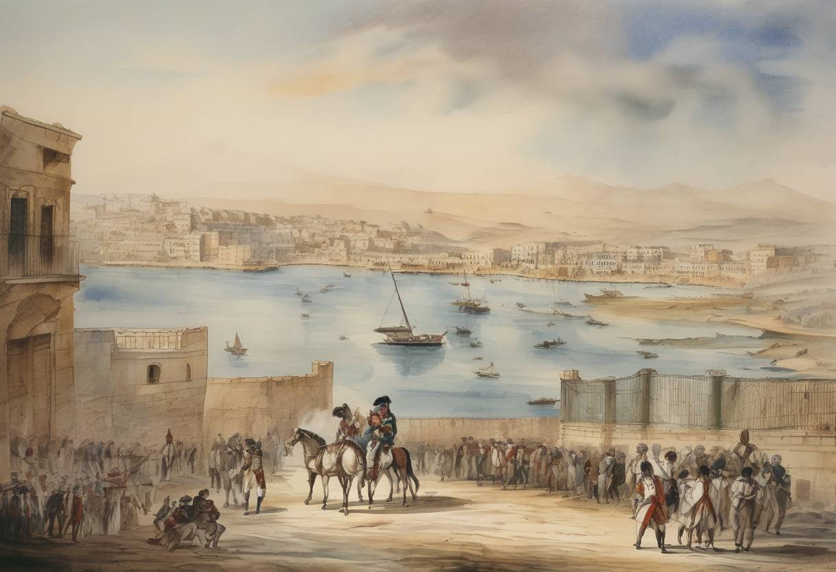 Watercolor painting based depiction of Napoleon Bonaparte captured Jaffa during the French campaign in Egypt and Syria. (1799)