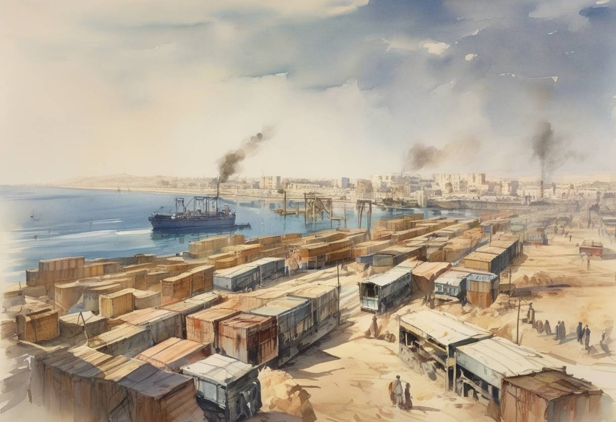 Watercolor painting based depiction of Egypt reopened the Suez Canal after the Suez Crisis. (1957)