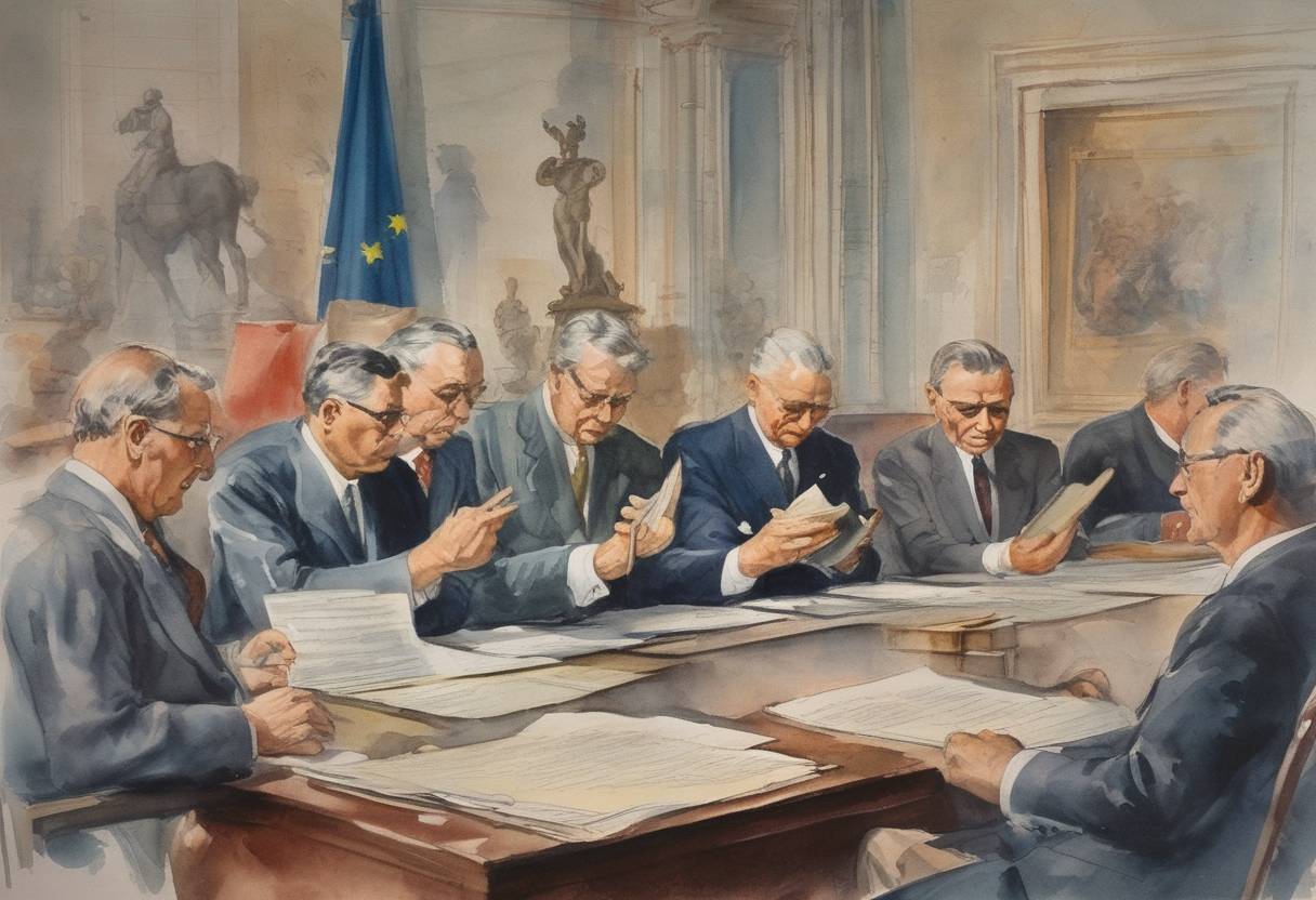 Watercolor painting based depiction of The Treaty of Rome was signed, establishing the European Economic Community (EEC), a precursor to the European Union. (1957)
