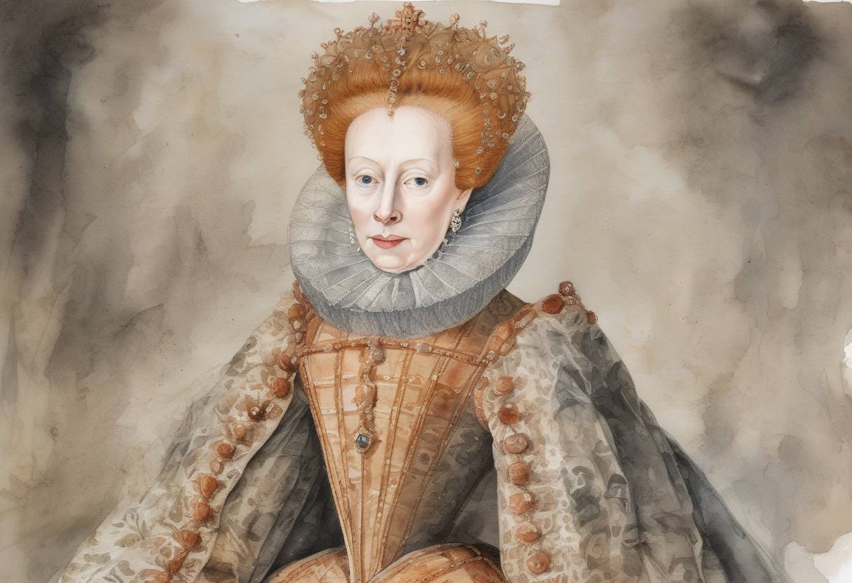 Watercolor painting based depiction of Queen Elizabeth I of England died, marking the end of the Tudor dynasty and the beginning of the Stuart era with the accession of King James VI of Scotland as James I of England. (1603)