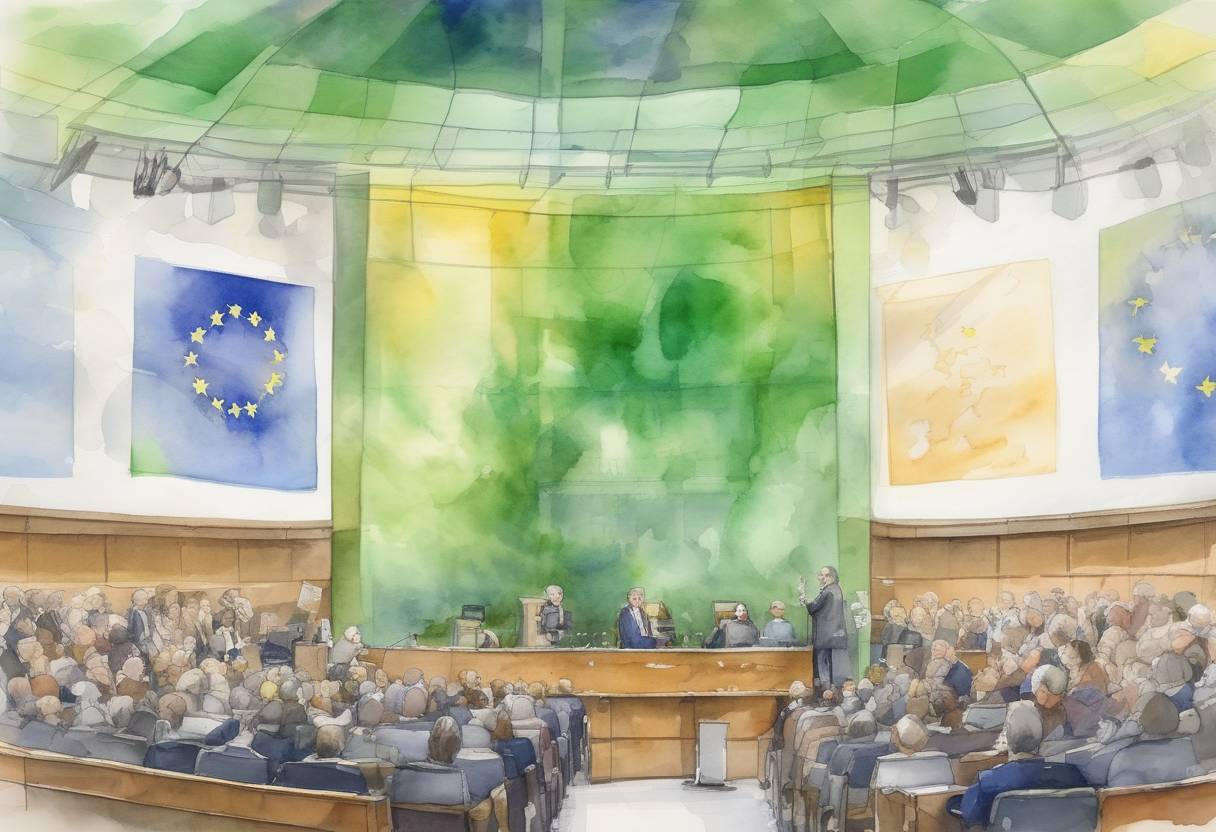 Watercolor painting based depiction of The European Parliament election concludes, with significant gains for green and liberal parties, reflecting a shift in the political landscape of the European Union. (2019)