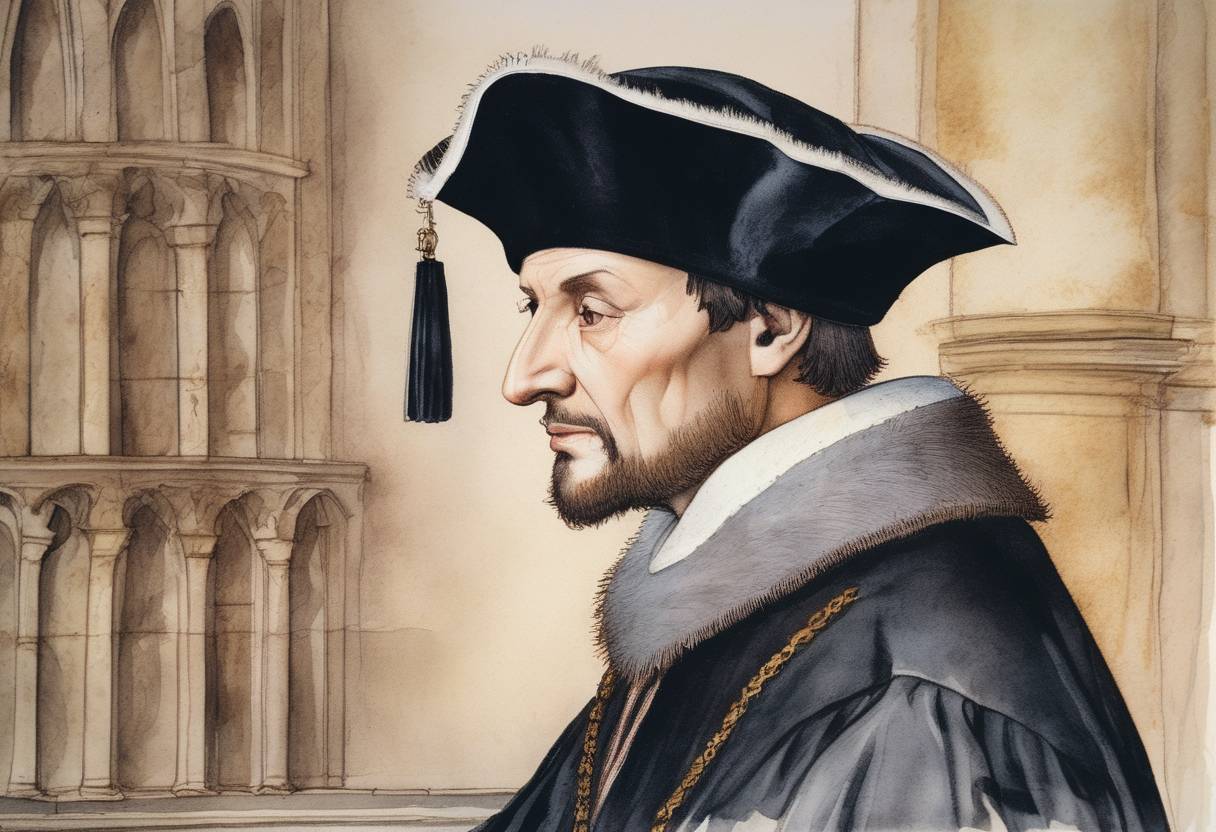 Watercolor painting based depiction of Sir Thomas More, an English lawyer, philosopher, and statesman, was executed for treason after refusing to accept King Henry VIII as the head of the Church of England. (1535)
