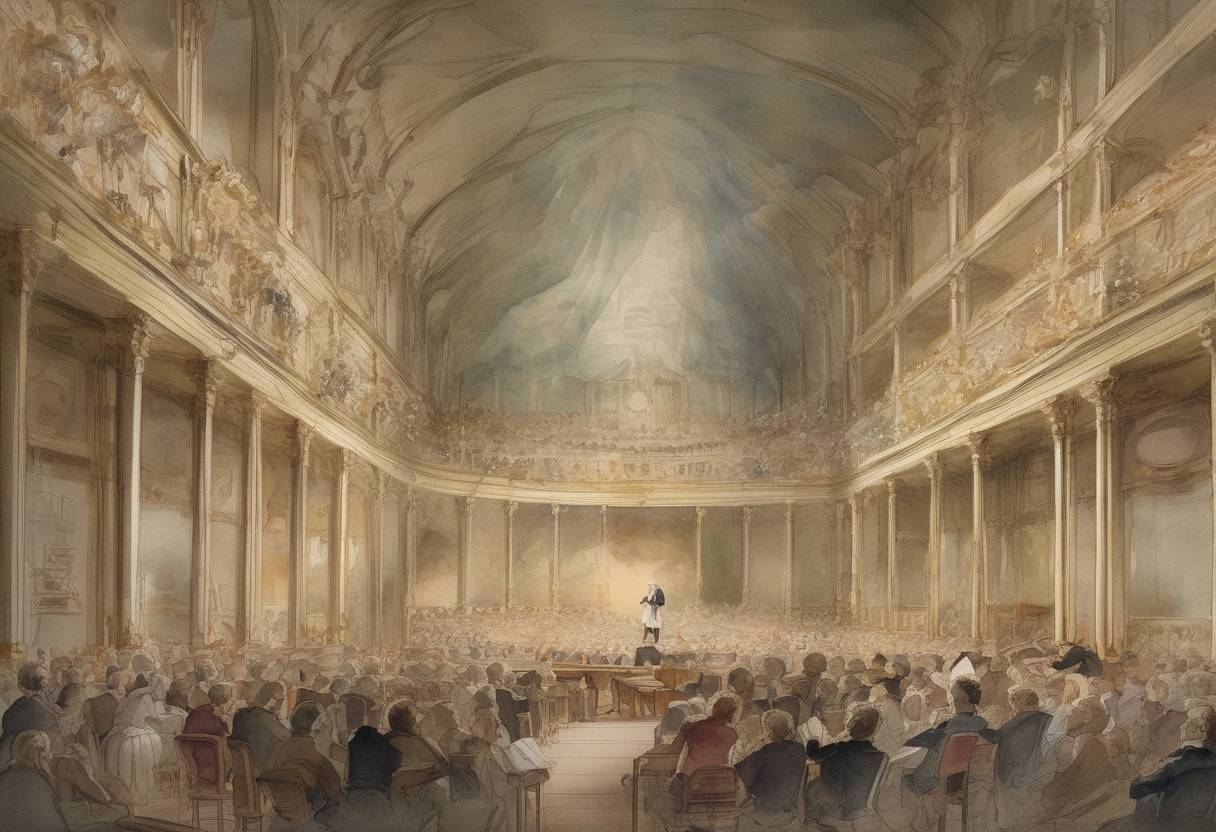 Watercolor painting based depiction of Ludwig van Beethoven's Ninth Symphony premiered in Vienna, Austria. This symphony is notable for its final movement, which includes the choral setting of Friedrich Schiller's poem 'Ode to Joy'. (1824)