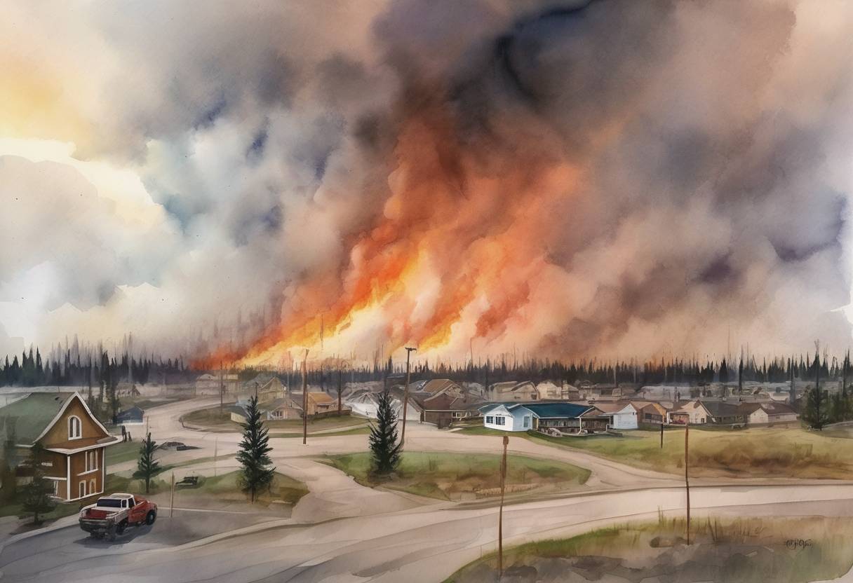 Watercolor painting based depiction of A wildfire begins in Fort McMurray, Alberta, Canada, leading to the evacuation of over 80,000 residents and becoming one of the costliest disasters in Canadian history. (2016)