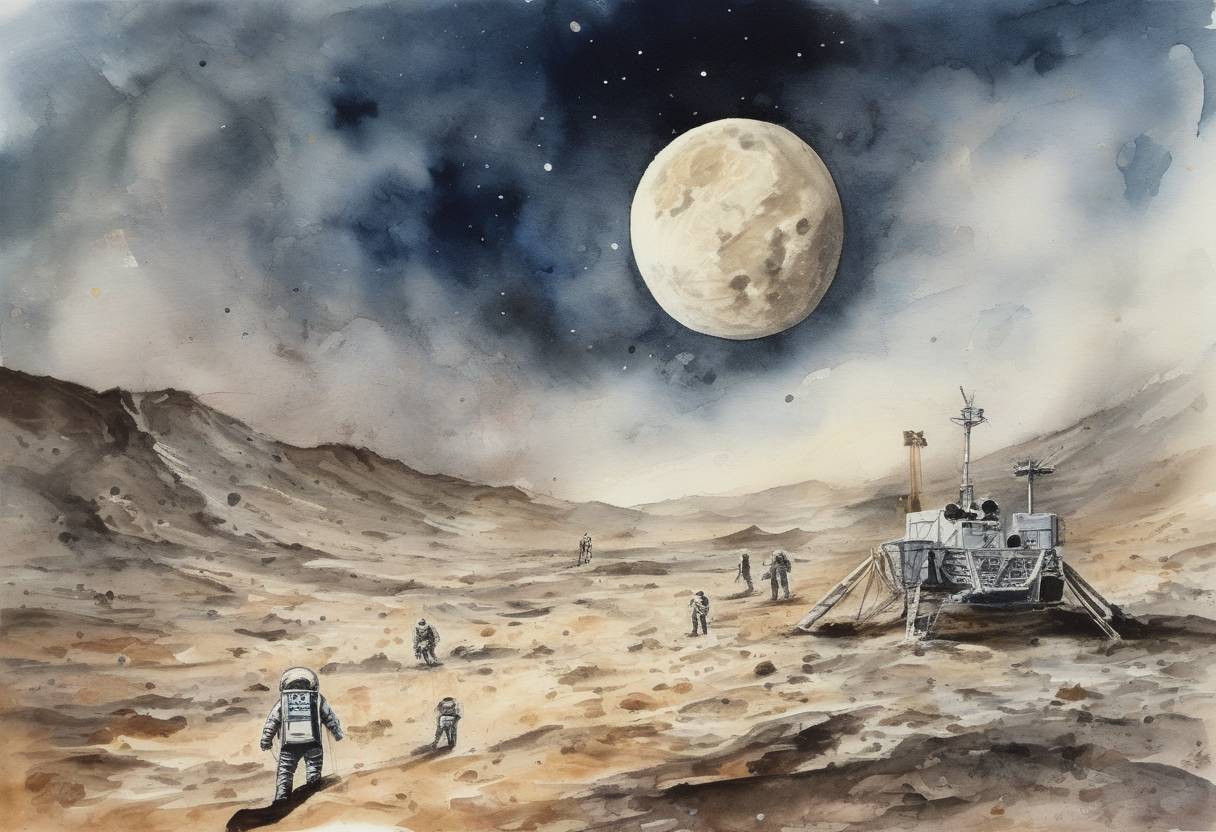 Watercolor painting based depiction of Astronauts land on the Moon during the Apollo 14 mission, becoming the third successful manned lunar landing. (1971)