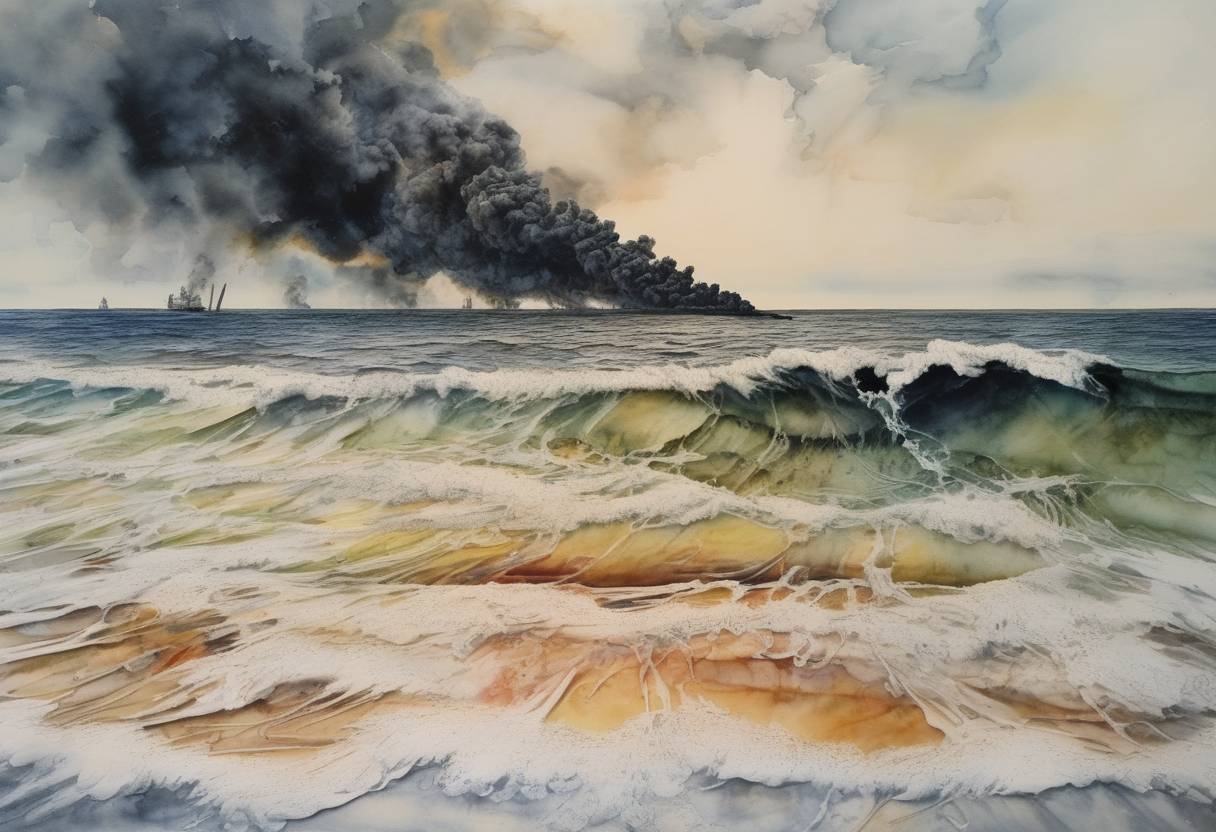 Watercolor painting based depiction of The Deepwater Horizon oil spill, one of the largest environmental disasters in U.S. history, continued to unfold as efforts to contain the spill were underway. The spill began on April 20, 2010, following an explosion on the Deepwater Horizon oil rig in the Gulf of Mexico. (2010)