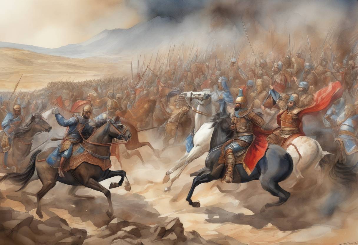 Watercolor painting based depiction of Ardashir I defeats Artabanus IV at the Battle of Hormozdgan, marking the end of the Parthian Empire and the beginning of the Sassanian Empire. (224)