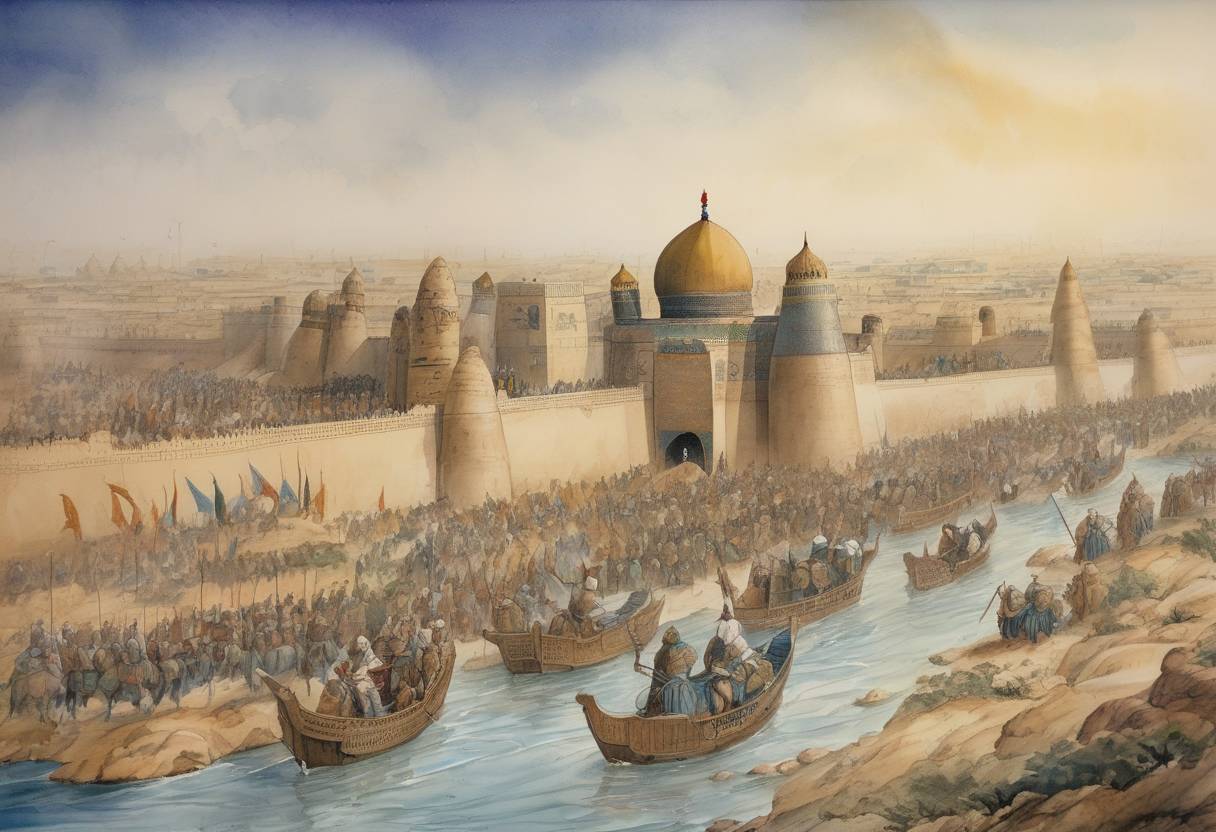 Watercolor painting based depiction of The Mongols, led by Hulagu Khan, capture Baghdad, effectively ending the Islamic Golden Age and the Abbasid Caliphate. (1258)