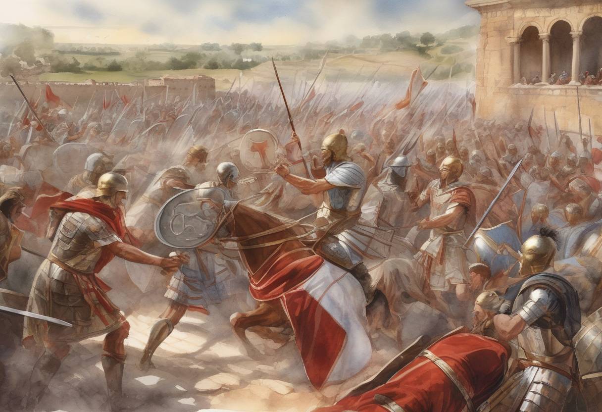 Watercolor painting based depiction of The Battle of Antioch took place, where Roman Emperor Macrinus was defeated by the forces of Elagabalus, leading to Macrinus' eventual downfall. (218)