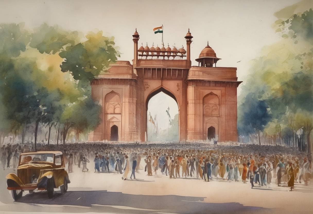 Watercolor painting based depiction of India gained independence from British rule, marking the end of nearly 200 years of colonial rule. (1947)