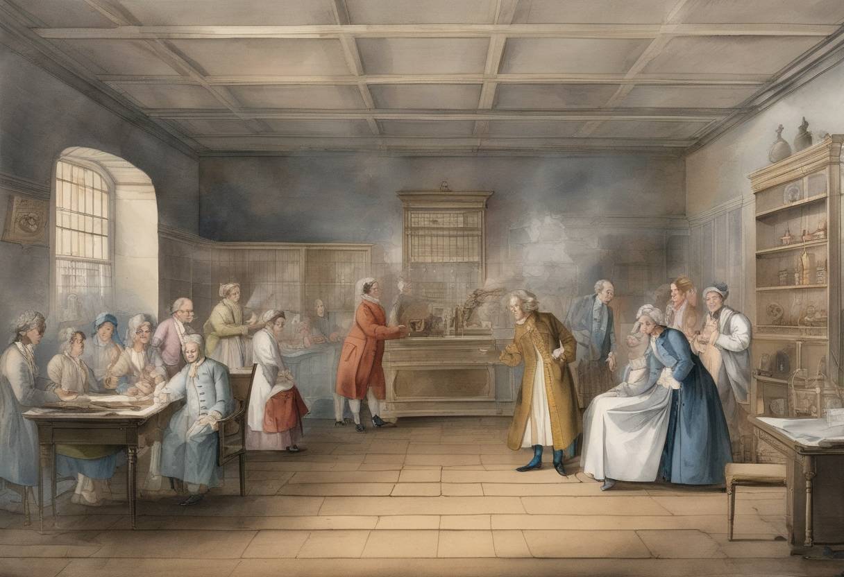 Watercolor painting based depiction of The first venereal diseases clinic opens at London Lock Hospital. (1747)