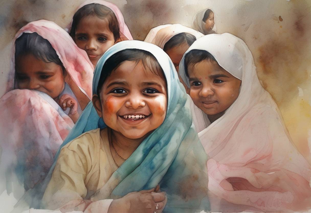 Watercolor painting based depiction of India's population officially reached one billion, marked by the birth of a baby girl named Astha Arora in Delhi. (2000)