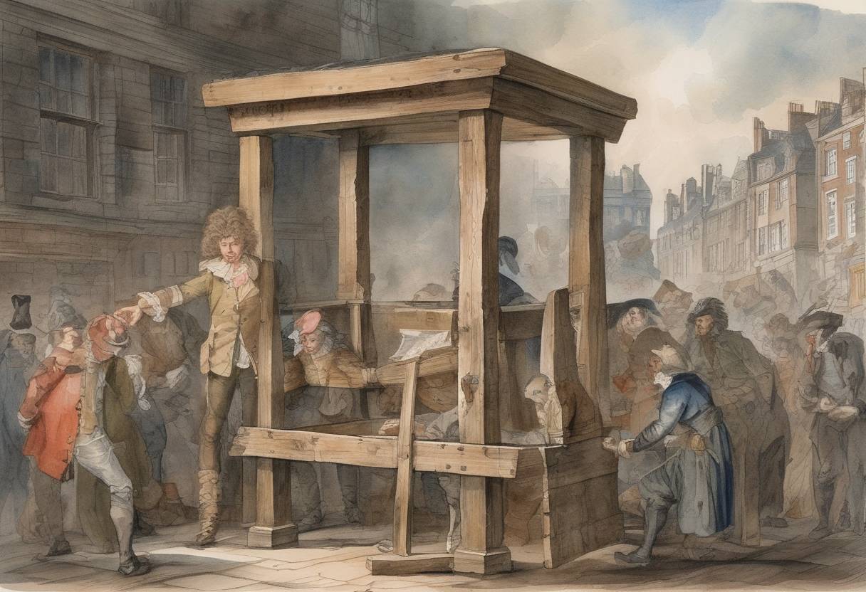 Watercolor painting based depiction of Daniel Defoe, the English writer, was placed in a pillory for seditious libel after publishing a pamphlet criticizing the government. (1703)