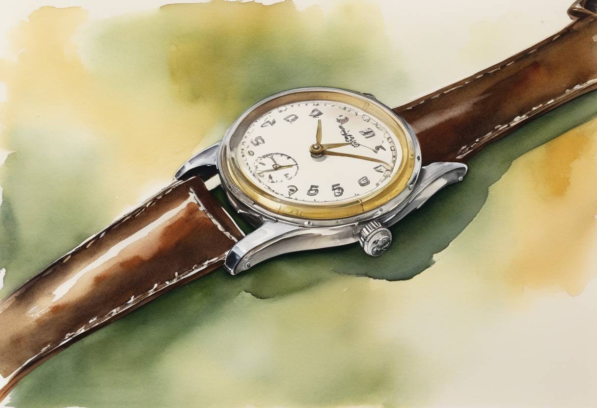 Watercolor painting based depiction of The first electric wristwatch, created by the Hamilton Watch Company, was introduced. (1957)