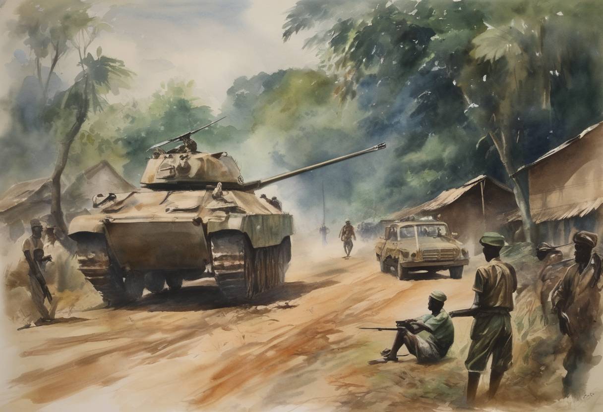 Watercolor painting based depiction of The internal battles in the civil war reach a significant moment as the Democratic Republic of Congo appeals for UN financial aid during the conflict following its independence from Belgium. (1960)