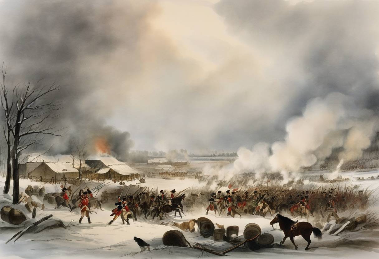 Watercolor painting based depiction of Battle of Seven Oaks: A violent confrontation between the Hudson's Bay Company and the North West Company near present-day Winnipeg, Canada, marking a significant moment in the fur trade wars. (1816)