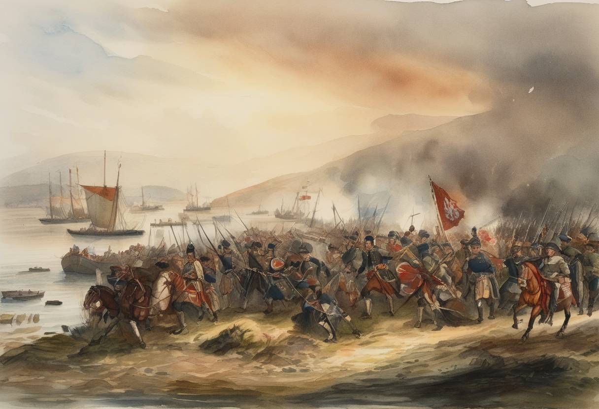 Watercolor painting based depiction of The Battle of Dunbar took place, marking the beginning of the Second War of Scottish Independence. English forces, under the command of John de Warenne, defeated the Scottish army led by John Comyn, and Andrew Moray. (1296)