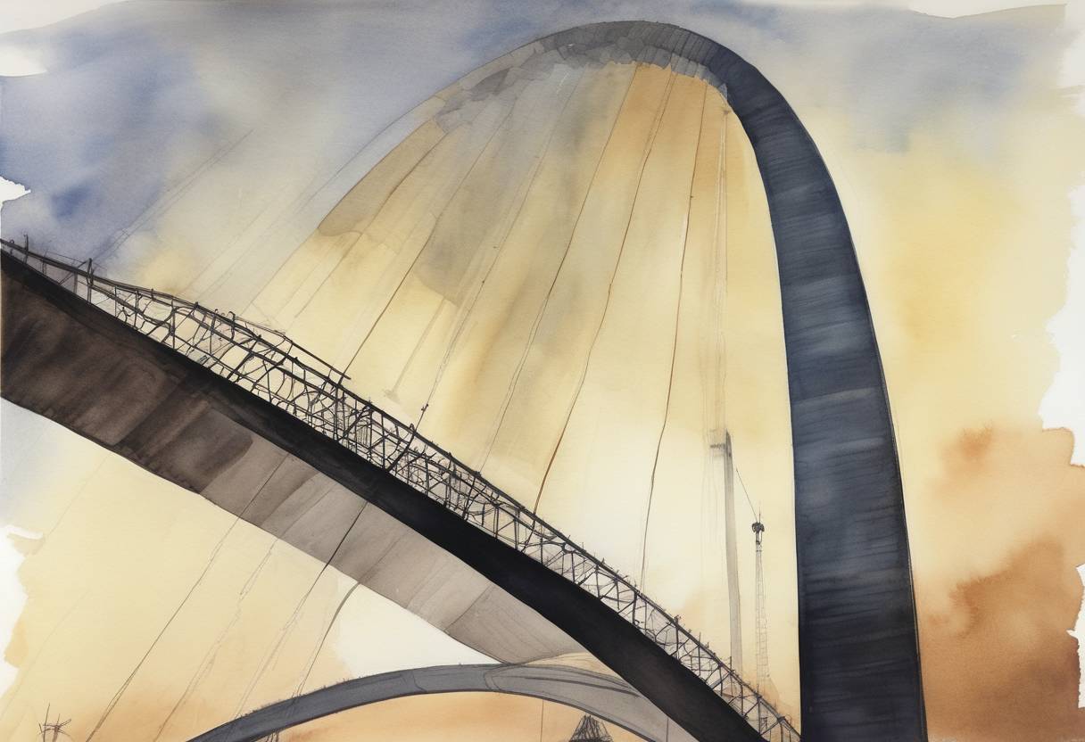 Watercolor painting based depiction of Construction begins on the Gateway Arch in St. Louis. (1963)