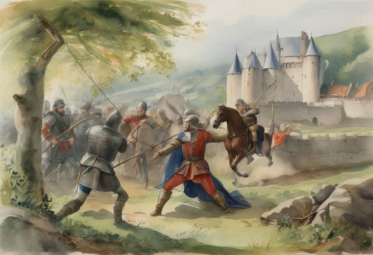 Watercolor painting based depiction of King Richard I of England is struck by a crossbow bolt while besieging Châlus Castle in the Limousin region of France, an injury that would lead to his death on April 6th. (1199)