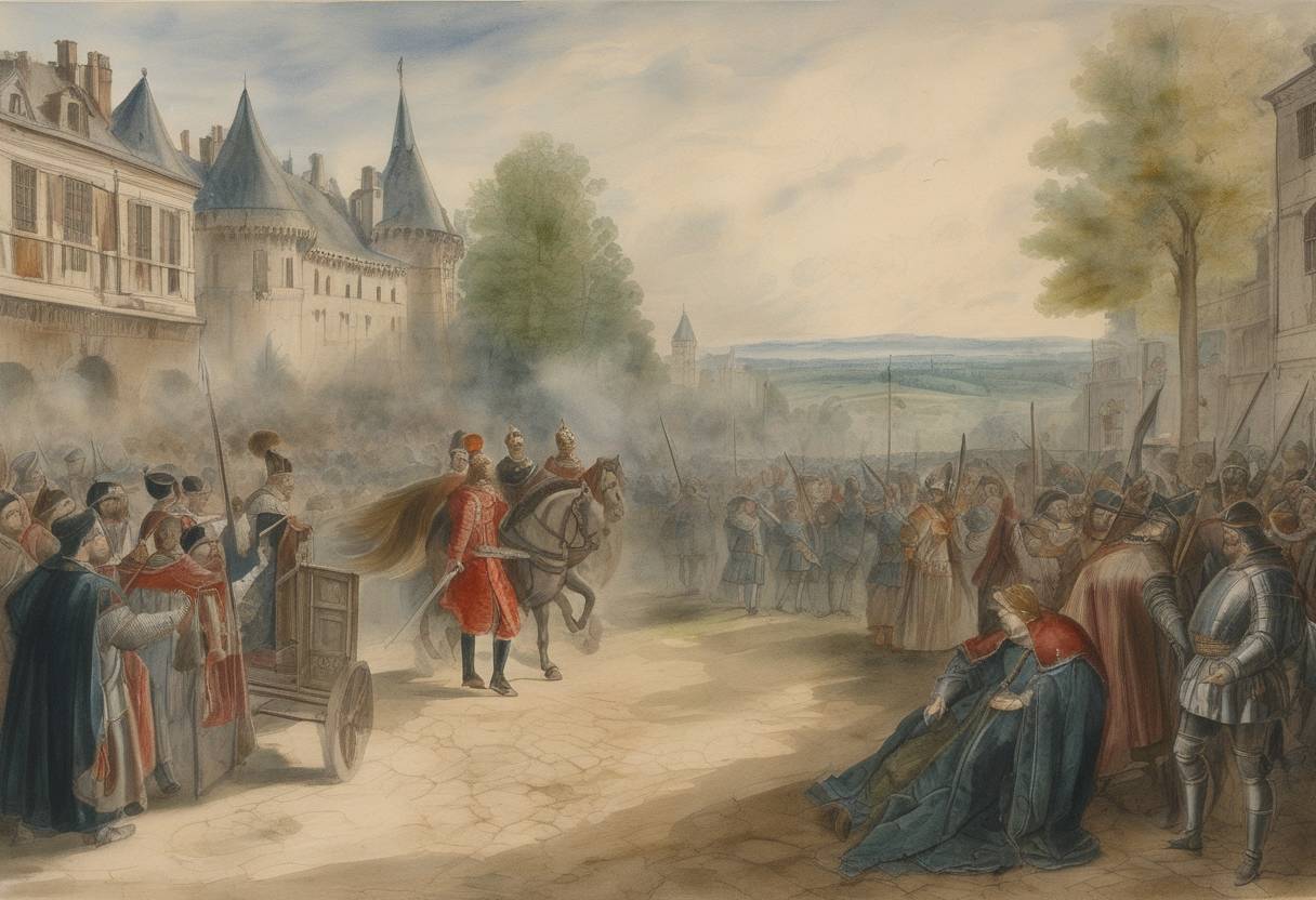 Watercolor painting based depiction of King Henry III of France was assassinated by the fanatical Dominican friar Jacques Clément, leading to the rise of Henry of Navarre as a claimant to the French throne. (1589)
