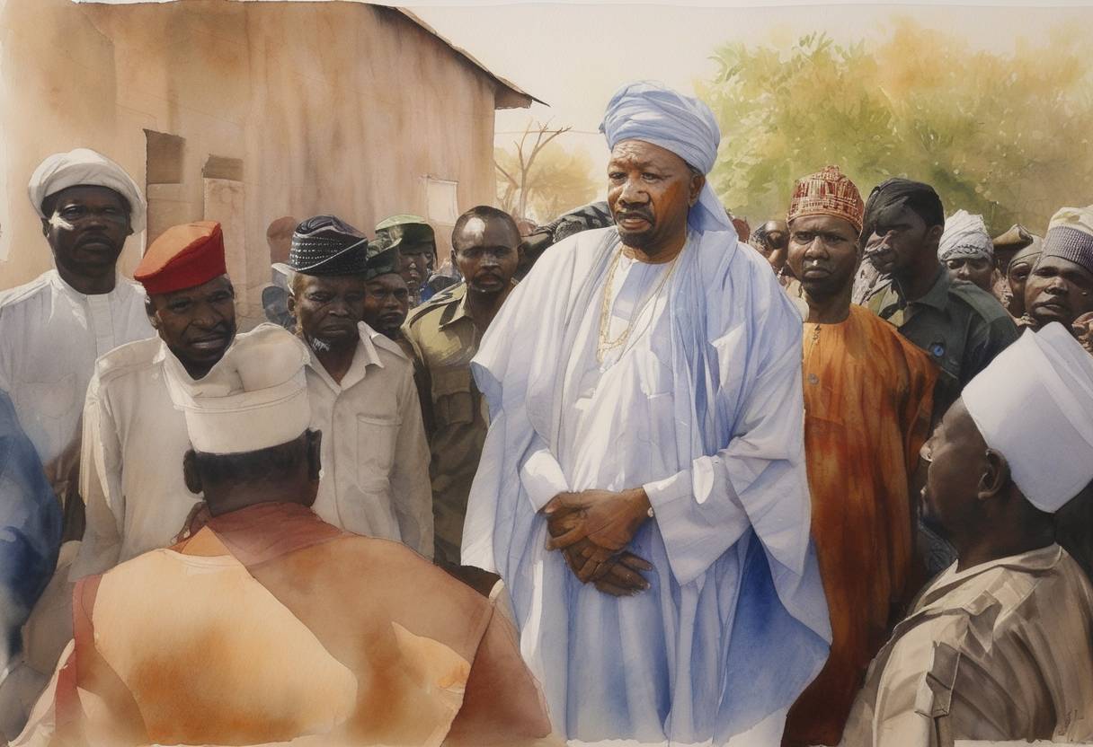 Watercolor painting based depiction of The Nigerien government issues an arrest warrant for opposition leader Mahamadou Issoufou. (2009)