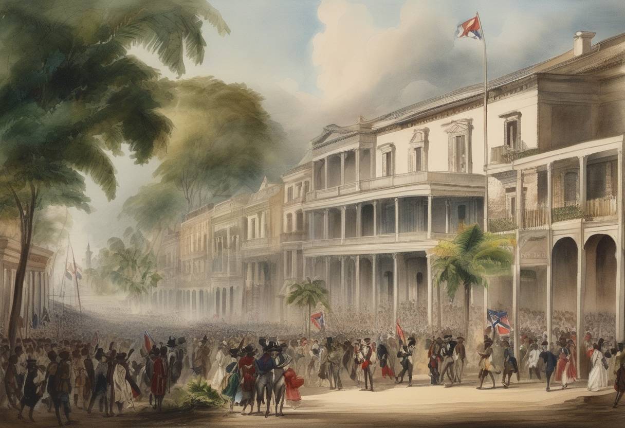 Watercolor painting based depiction of The Dominican Republic gains independence from Haiti. After years of Haitian occupation, the independence was spearheaded by the group La Trinitaria, led by Juan Pablo Duarte. (1844)