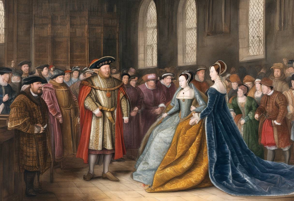 Watercolor painting based depiction of King Henry VIII ordered the arrest of Anne Boleyn and her brother George Boleyn. This was a significant event leading to Anne's trial and execution, influencing the course of English history. (1536)