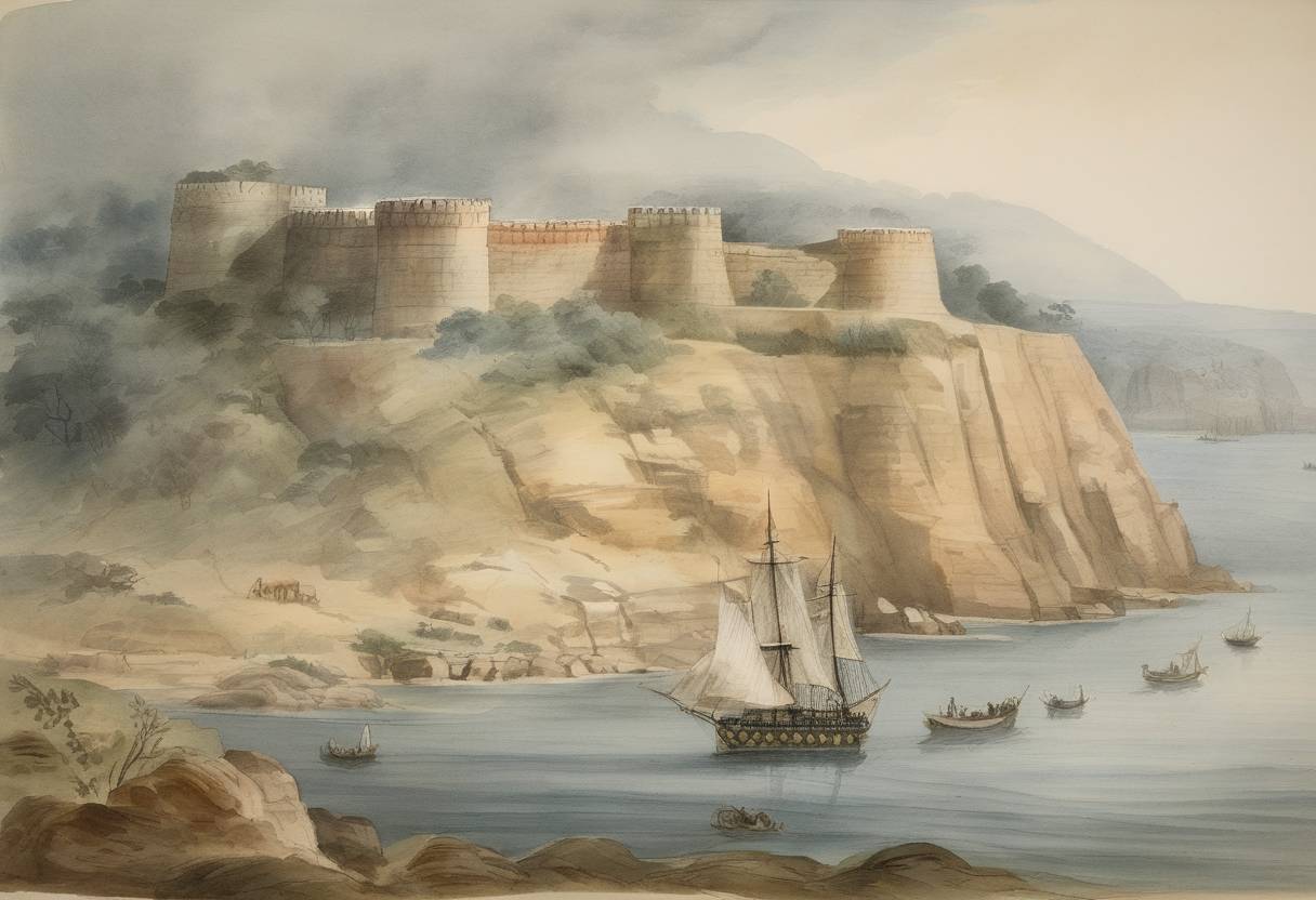 Watercolor painting based depiction of Commodore William James captured Suvarnadurg, a fortress along the western coast of India, as part of a campaign against the Marathas. The capture was a significant achievement for the British East India Company, aiding in their naval supremacy in the region. (1755)