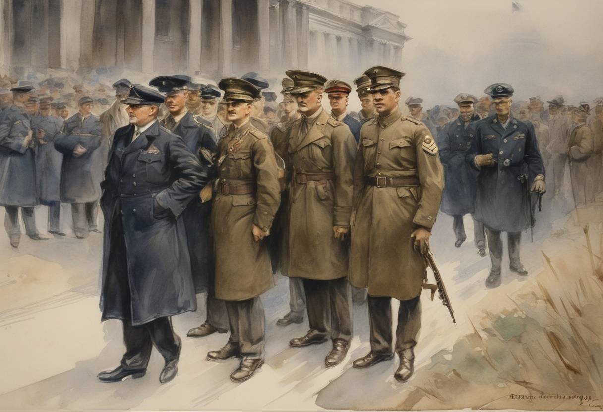 Watercolor painting based depiction of The Selective Service Act of 1917 was passed by the United States Congress, authorizing the federal government to raise a national army for service in World War I through conscription. (1917)
