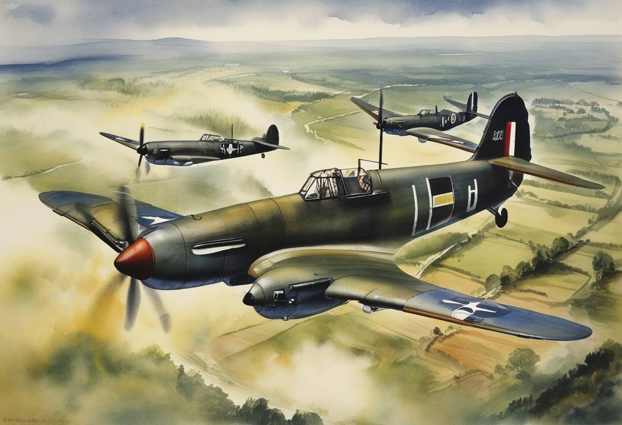 Watercolor painting based depiction of The United States Army Air Forces launched Operation Chastise, targeting German dams in the Ruhr Valley. This operation involved the use of the 'bouncing bomb,' developed by Barnes Wallis, and led to the destruction of the Möhne and Edersee Dams. (1943)