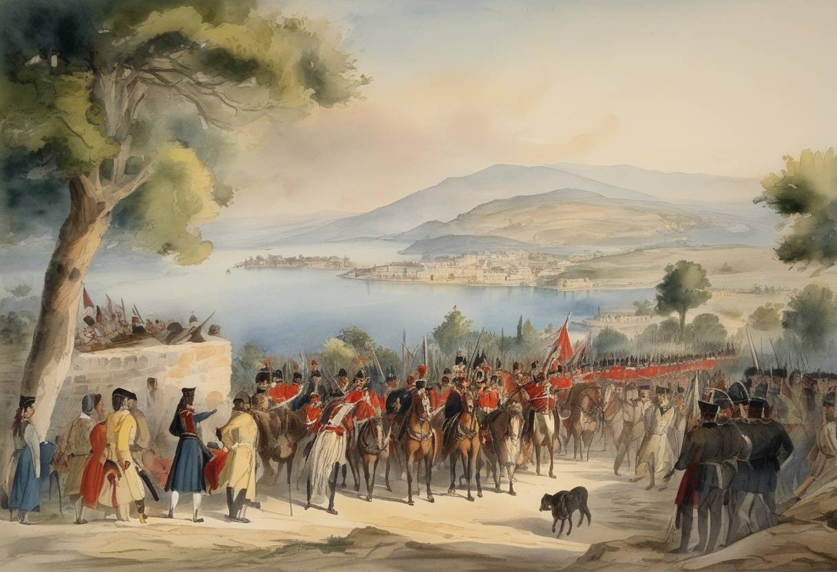 Watercolor painting based depiction of The Greek War of Independence against the Ottoman Empire received a significant boost when Lord Byron, a famous British poet and leader in the independence movement, died in Missolonghi, Greece. (1824)